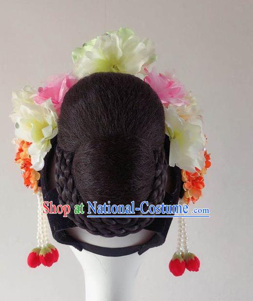 Chinese Classical Dance Wigs and Flowers Hair Accessories Peking Opera Hua Tan Hairpieces Woman Stage Performance Headdress