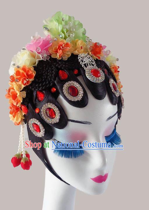 Chinese Classical Dance Wigs and Flowers Hair Accessories Peking Opera Hua Tan Hairpieces Woman Stage Performance Headdress