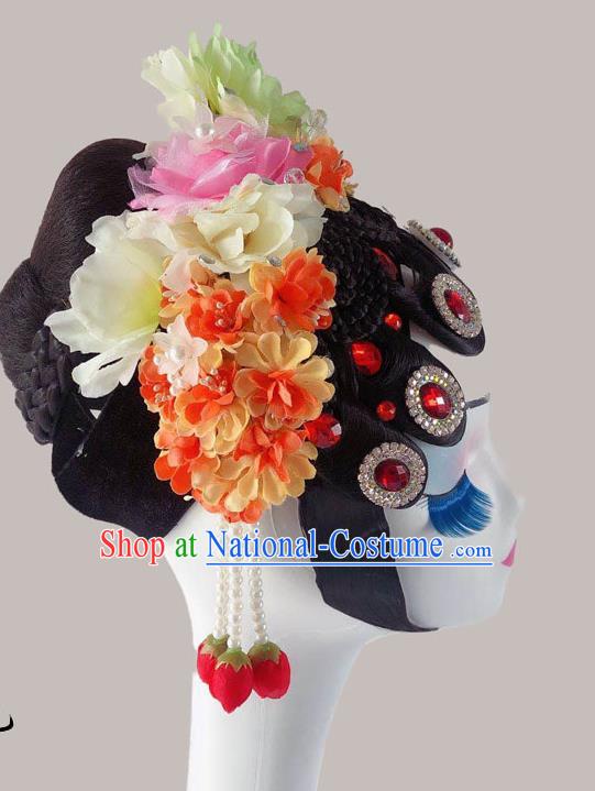 Chinese Classical Dance Wigs and Flowers Hair Accessories Peking Opera Hua Tan Hairpieces Woman Stage Performance Headdress