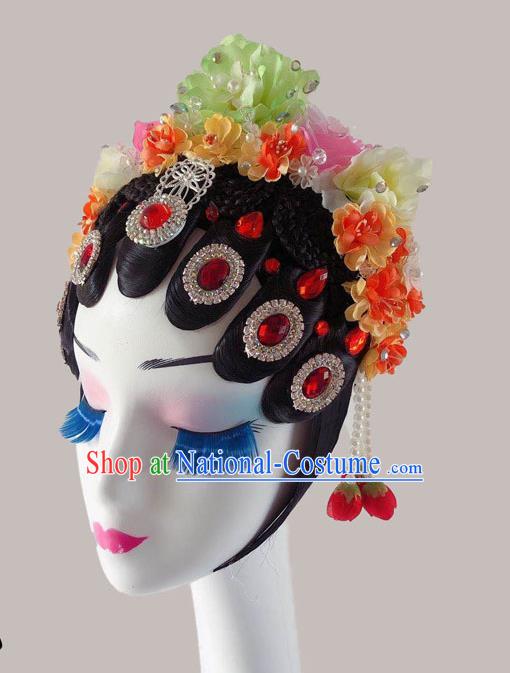 Chinese Classical Dance Wigs and Flowers Hair Accessories Peking Opera Hua Tan Hairpieces Woman Stage Performance Headdress