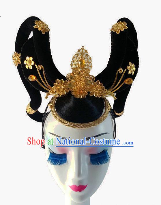 Chinese Traditional Stage Performance Headdress Classical Flying Dance Wigs Moon Goddess Dance Hairpieces