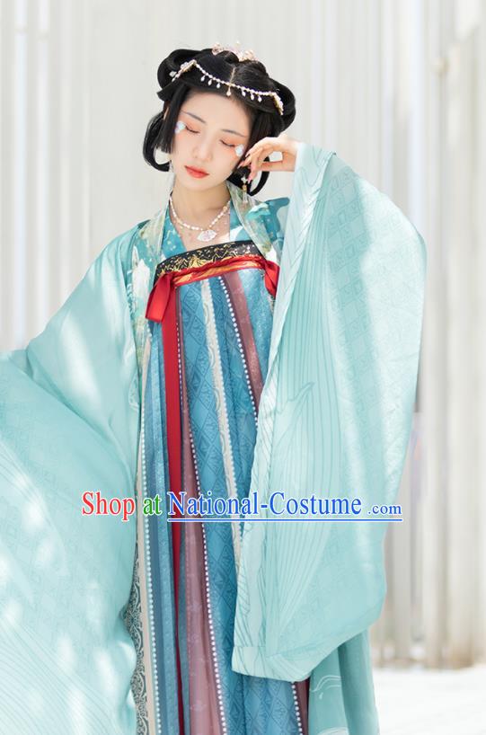 China Ancient Court Princess Blue Hanfu Dress Clothing Traditional Tang Dynasty Historical Garment Costumes Complete Set