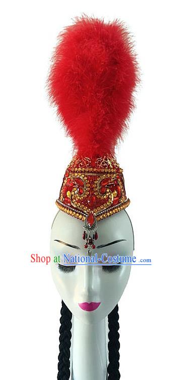 China Kazak Nationality Dance Headdress Xinjiang Minority Performance Feather Headwear Ethnic Folk Dance Red Hat