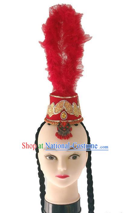 China Ethnic Folk Dance Red Hat Kazak Nationality Dance Headdress Xinjiang Minority Performance Feather Headwear