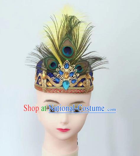 China Xinjiang Minority Performance Feather Headpiece Uyghur Ethnic Folk Dance Royalblue Hat Uighur Nationality Dance Headdress