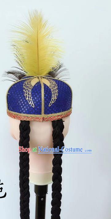 China Xinjiang Minority Performance Feather Headpiece Uyghur Ethnic Folk Dance Royalblue Hat Uighur Nationality Dance Headdress