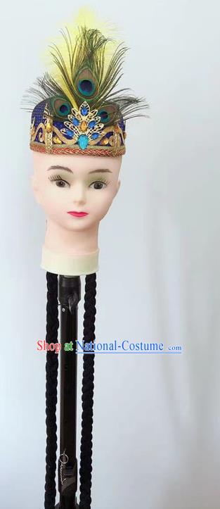 China Xinjiang Minority Performance Feather Headpiece Uyghur Ethnic Folk Dance Royalblue Hat Uighur Nationality Dance Headdress