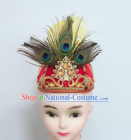 China Uighur Nationality Dance Headdress Xinjiang Minority Performance Feather Headpiece Uyghur Ethnic Folk Dance Red Hat