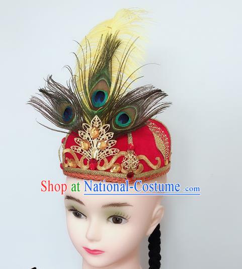 China Uighur Nationality Dance Headdress Xinjiang Minority Performance Feather Headpiece Uyghur Ethnic Folk Dance Red Hat