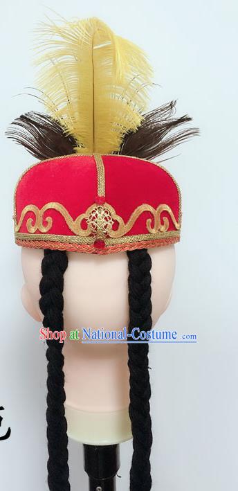 China Uighur Nationality Dance Headdress Xinjiang Minority Performance Feather Headpiece Uyghur Ethnic Folk Dance Red Hat