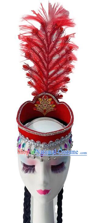 China Uyghur Ethnic Folk Dance Braid Hairpiece Uighur Nationality Dance Hat Xinjiang Minority Performance Red Feather Headdress