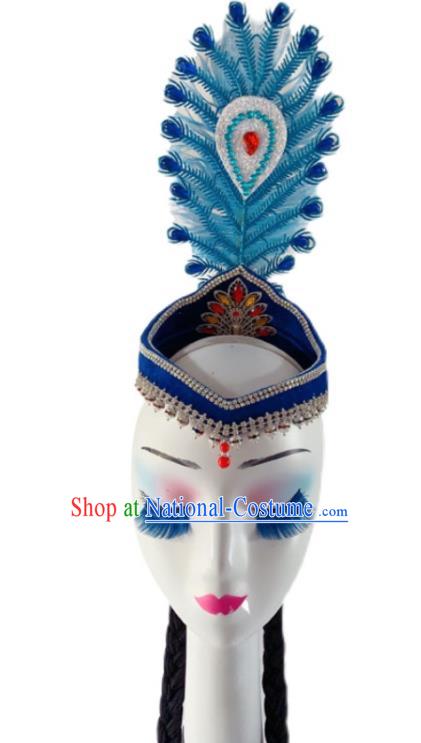 China Xinjiang Minority Performance Blue Feather Headdress Uyghur Ethnic Folk Dance Braid Hairpiece Uighur Nationality Dance Hat