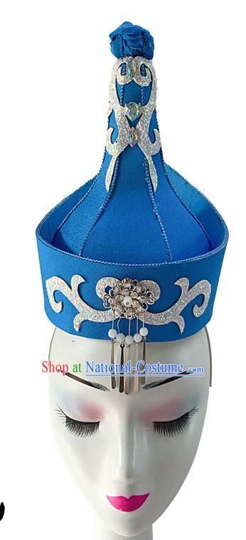 China Mongolian Ethnic Dance Blue Hat Mongol Nationality Dance Headdress Woman Stage Performance Headwear