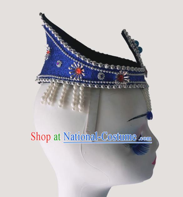 China Mongol Minority Performance Headdress Ethnic Woman Dance Tassel Blue Hat Mongolian Nationality Dance Headwear