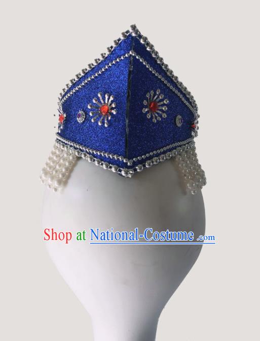 China Mongol Minority Performance Headdress Ethnic Woman Dance Tassel Blue Hat Mongolian Nationality Dance Headwear