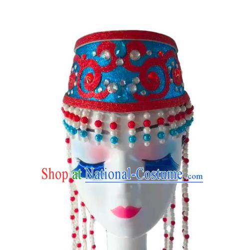 China Mongolian Nationality Dance Headwear Mongol Minority Folk Dance Headdress Ethnic Woman Performance Tassel Blue Hat