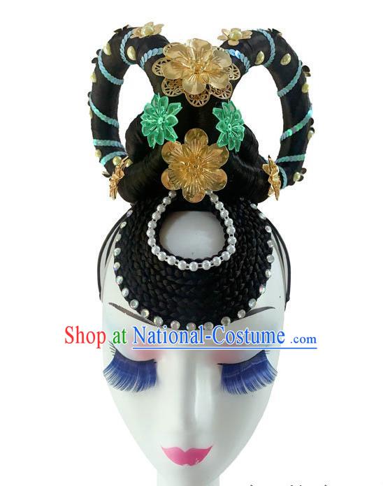 Chinese Traditional Court Dance Hairpieces Woman Stage Performance Headdress Classical Dance Hair Accessories Flying Apsaras Dance Wigs Chignon