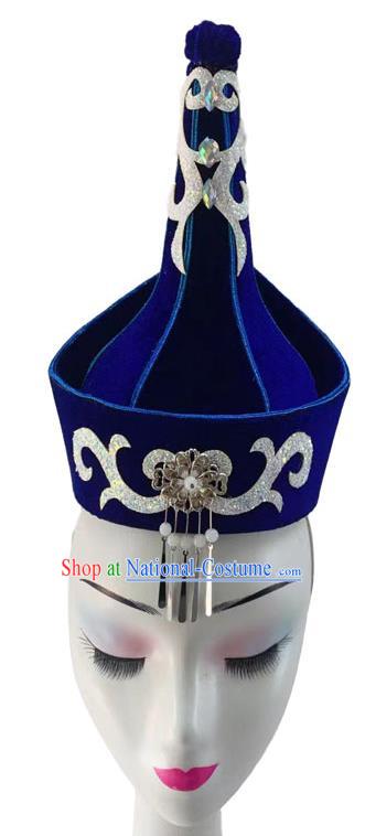 China Woman Stage Performance Headwear Mongolian Ethnic Dance Royalblue Hat Mongol Nationality Dance Headdress