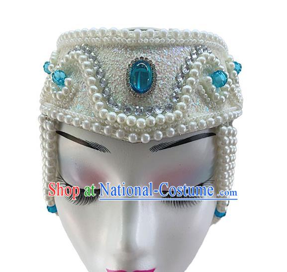 China Mongolian Ethnic Dance White Hat Mongol Nationality Dance Headdress Woman Stage Performance Pearls Headwear