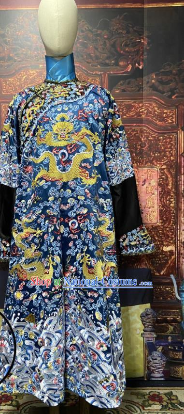 China Ancient Blue Imperial Dragon Traditional Historical Garment Costume Qing Dynasty Emperor Embroidered Dragon Robe Clothing