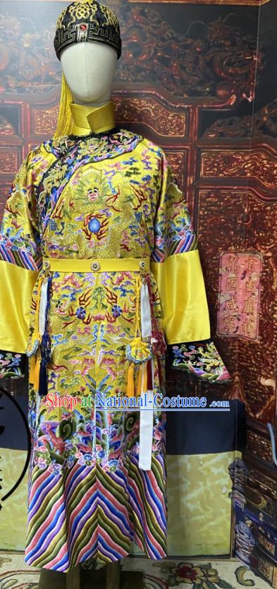 China Qing Dynasty Qianlong Emperor Embroidered Dragon Robe Clothing Ancient Yellow Imperial Dragon Traditional Monarch Historical Garment Costume