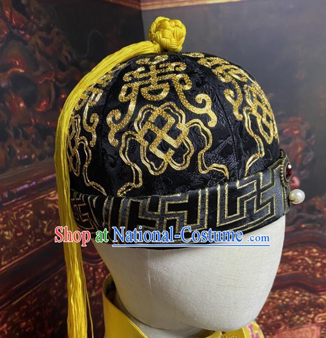 Chinese Qing Dynasty Emperor Black Hat Ancient Manchu Monarch Headdress Traditional King Mandarin Headwear