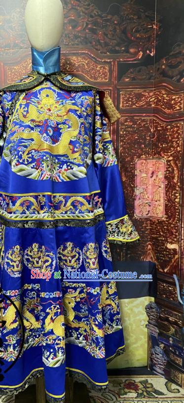 China Qing Dynasty Royal Highness Embroidered Dragon Robe Clothing Ancient Royalblue Imperial Dragon Traditional Manchu King Historical Garment Costume