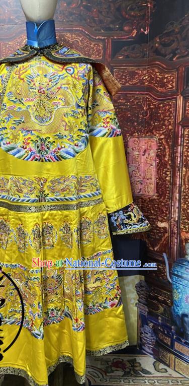 China Traditional Manchu Emperor Historical Garment Costume Qing Dynasty Monarch Embroidered Dragon Robe Clothing Ancient Yellow Imperial Dragon