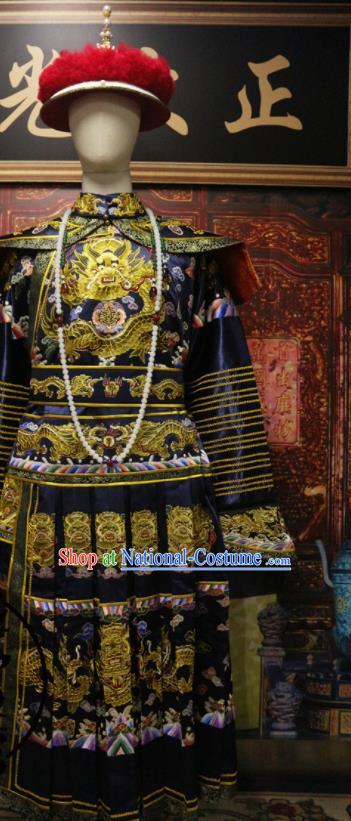 China Traditional Emperor Imperial Robe Qing Dynasty Manchu King Historical Garment Costume Ancient Monarch Embroidered Navy Dragon Robe