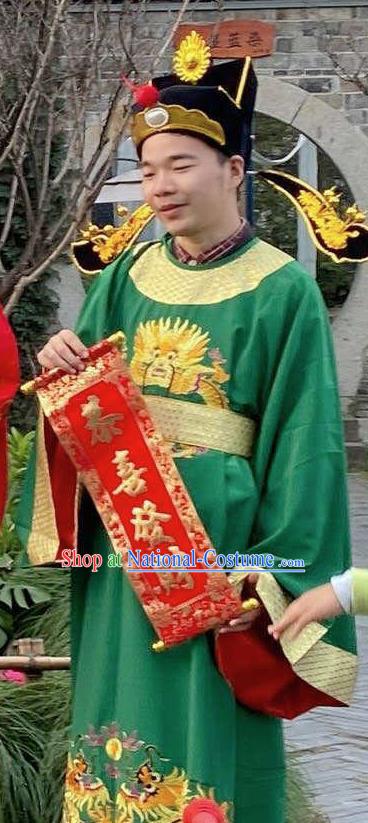 China Ancient Immortal Apparels Cosplay Lucky God Clothing Traditional Festival Performance Green Garment Costume and Headdress