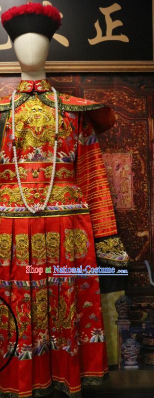 China Ancient Monarch Embroidered Wedding Dragon Robe Traditional Emperor Red Imperial Robe Qing Dynasty Manchu Lord Historical Garment Costume