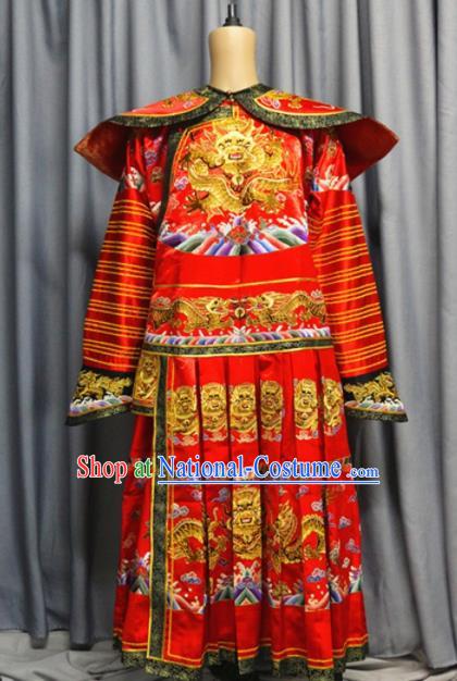 China Traditional Qing Dynasty King Wedding Garment Costume Ancient Emperor Embroidered Dragon Robe Red Imperial Robe Clothing