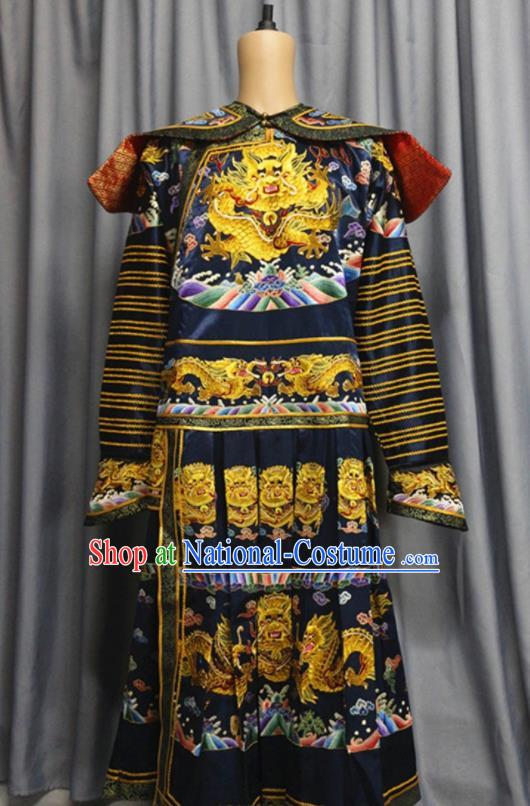 China Traditional Navy Imperial Robe Clothing Qing Dynasty King Garment Costume Ancient Emperor Embroidered Dragon Robe