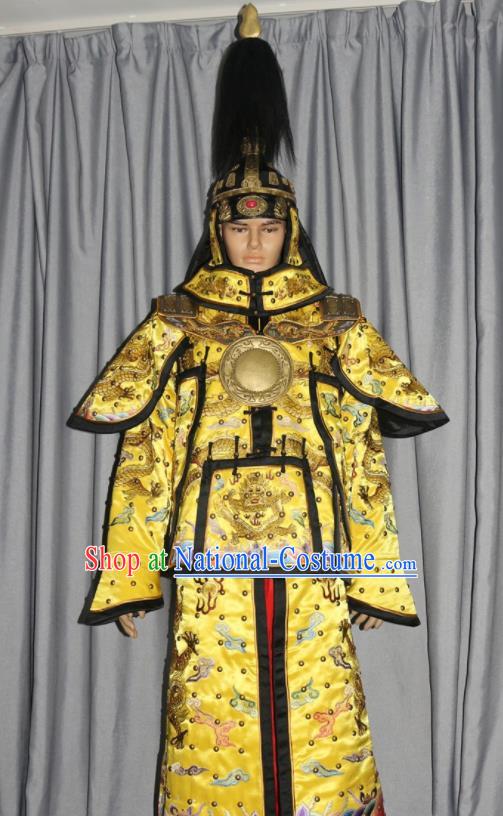 China Ancient Emperor Qianlong Yellow Armor Suits Traditional Manchu General Clothing Qing Dynasty Marshal Garment Costume