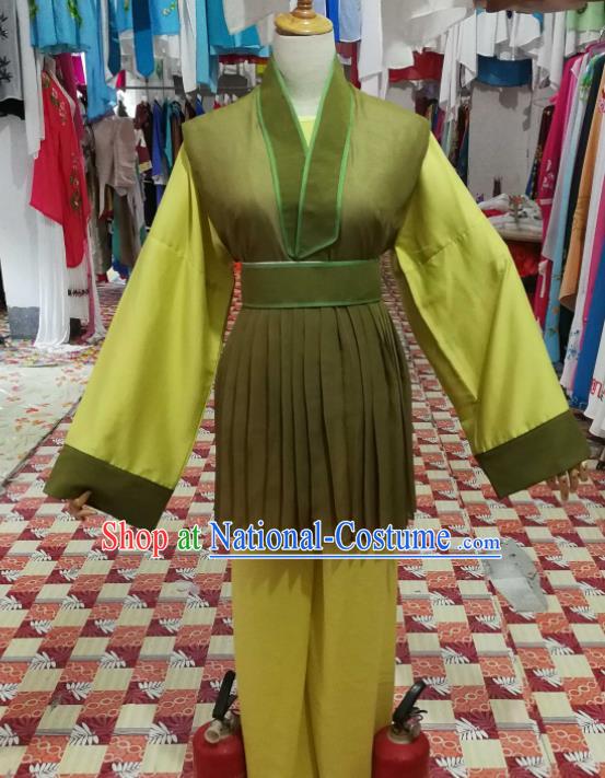 China Traditional Opera Farmer Clothing Wuxi Opera Pauper Garment Costumes Beijing Opera Servant Green Uniforms