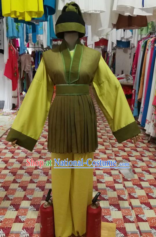 China Traditional Opera Farmer Clothing Wuxi Opera Pauper Garment Costumes Beijing Opera Servant Green Uniforms