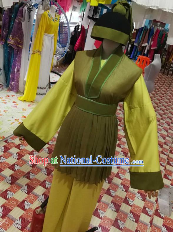 China Traditional Opera Farmer Clothing Wuxi Opera Pauper Garment Costumes Beijing Opera Servant Green Uniforms