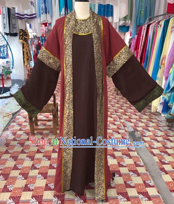 China Shaoxing Opera Laosheng Garment Costume Beijing Opera Elderly Male Brown Robe Uniforms Traditional Opera Landlord Clothing