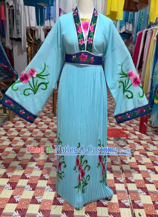 China Shaoxing Opera Young Lady Blue Dress Outfits Traditional Peking Opera Court Maid Clothing Ancient Flower Goddess Garment Costumes