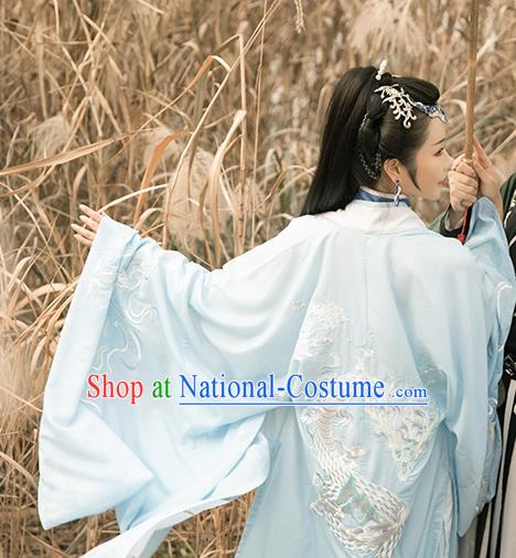 China Jin Dynasty Swordswoman Garment Costumes Ancient Young Beauty Clothing Traditional Blue Hanfu Dress