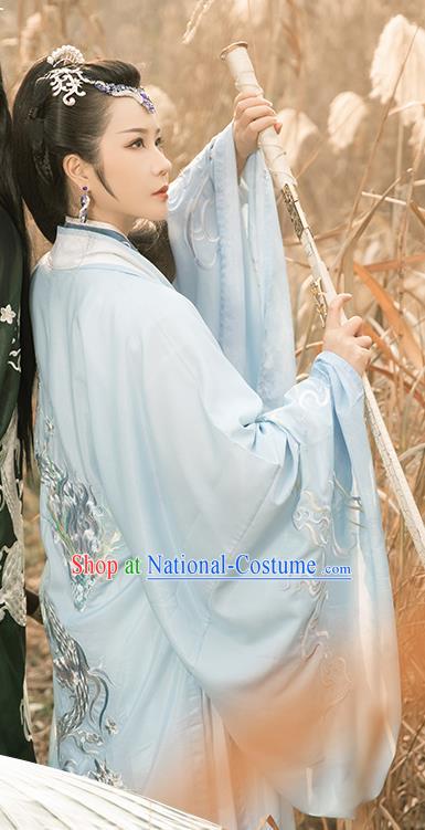 China Jin Dynasty Swordswoman Garment Costumes Ancient Young Beauty Clothing Traditional Blue Hanfu Dress