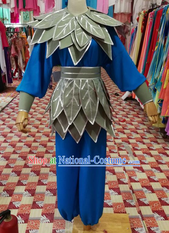 China Shaoxing Opera Fairchild Garment Costumes Beijing Opera Wusheng Blue Uniforms Traditional Opera Swordsman Clothing