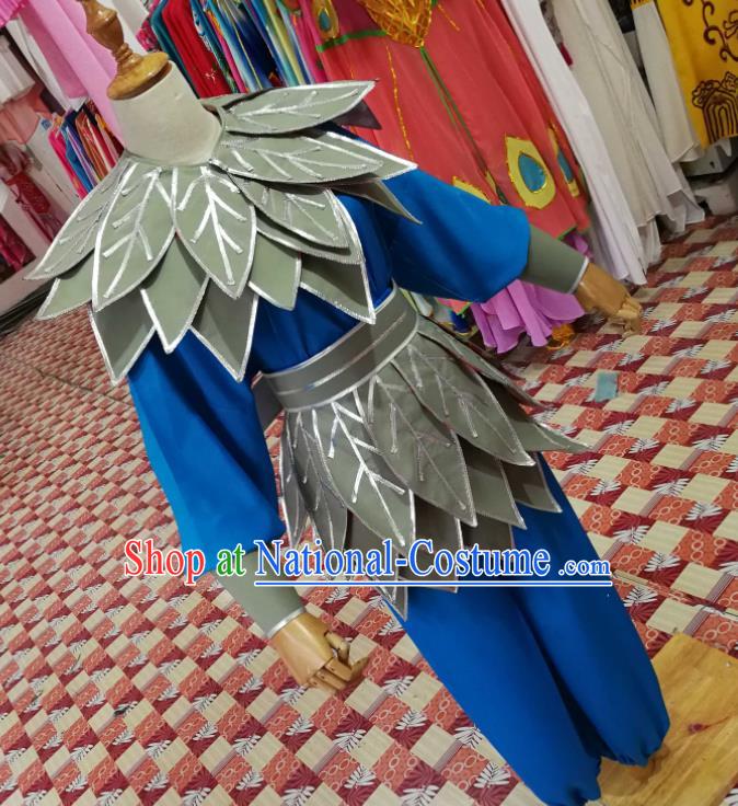 China Shaoxing Opera Fairchild Garment Costumes Beijing Opera Wusheng Blue Uniforms Traditional Opera Swordsman Clothing