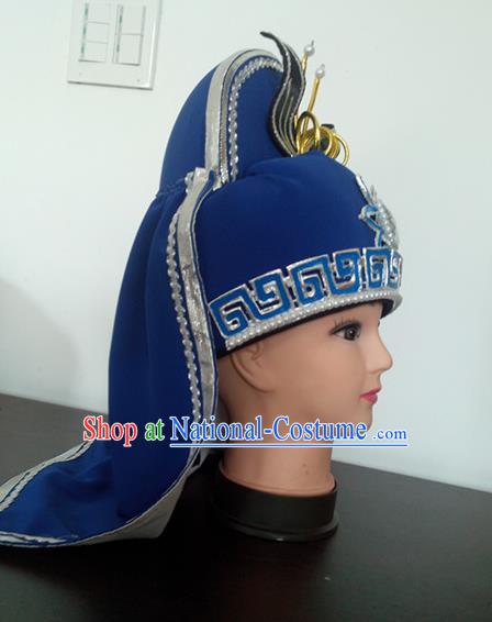 Chinese Peking Opera Wusheng Headwear Shaoxing Opera General Headdress Traditional Beijing Opera Imperial Bodyguard Blue Hat