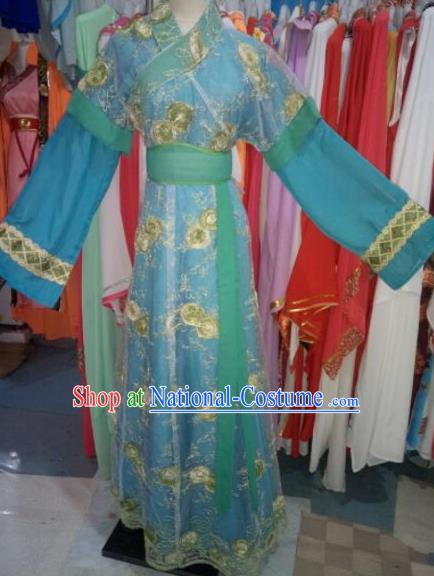 China Ancient Maid Lady Garment Costume Shaoxing Opera Servant Girl Blue Dress Outfits Traditional Peking Opera Xiaodan Clothing