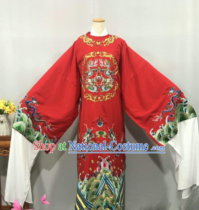 China Opera Emperor Garment Costume Beijing Opera Xiaosheng Red Embroidered Robe Uniforms Traditional Huangmei Opera Lord Clothing