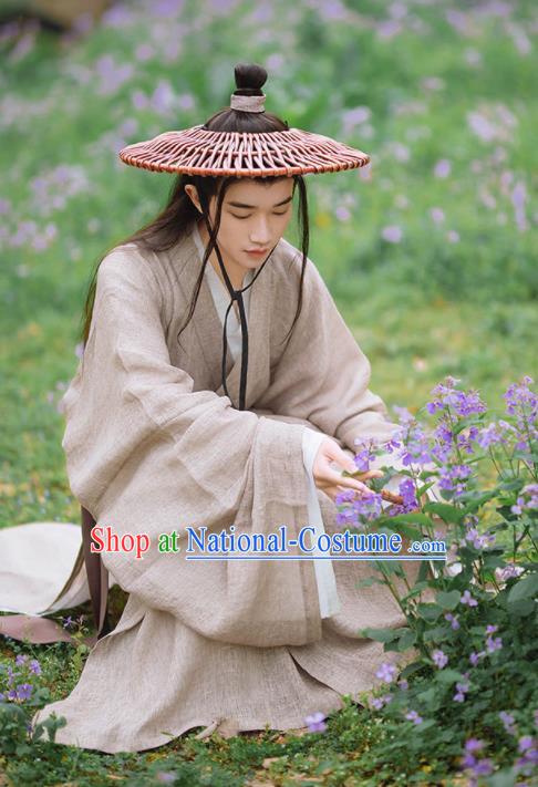 China Ancient Young Childe Garment Costume Traditional Hanfu Long Gown Song Dynasty Scholar Clothing