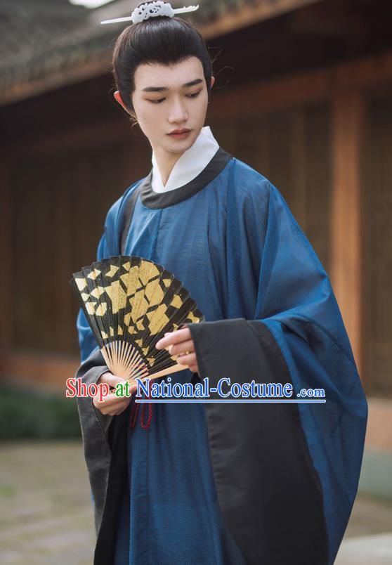 China Ming Dynasty Scholar Clothing Ancient Young Childe Garment Costume Traditional Hanfu Navy Long Gown