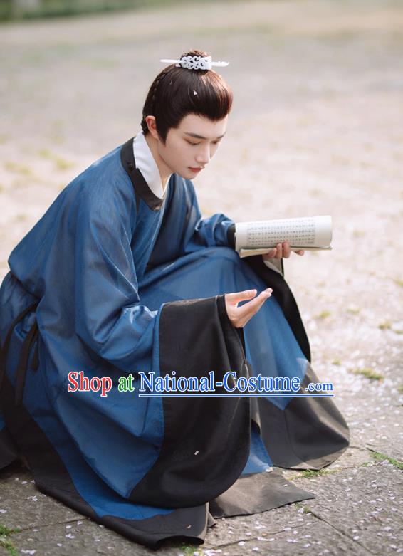 China Ming Dynasty Scholar Clothing Ancient Young Childe Garment Costume Traditional Hanfu Navy Long Gown