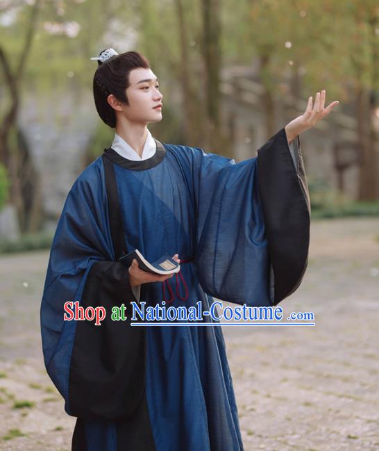 China Ming Dynasty Scholar Clothing Ancient Young Childe Garment Costume Traditional Hanfu Navy Long Gown